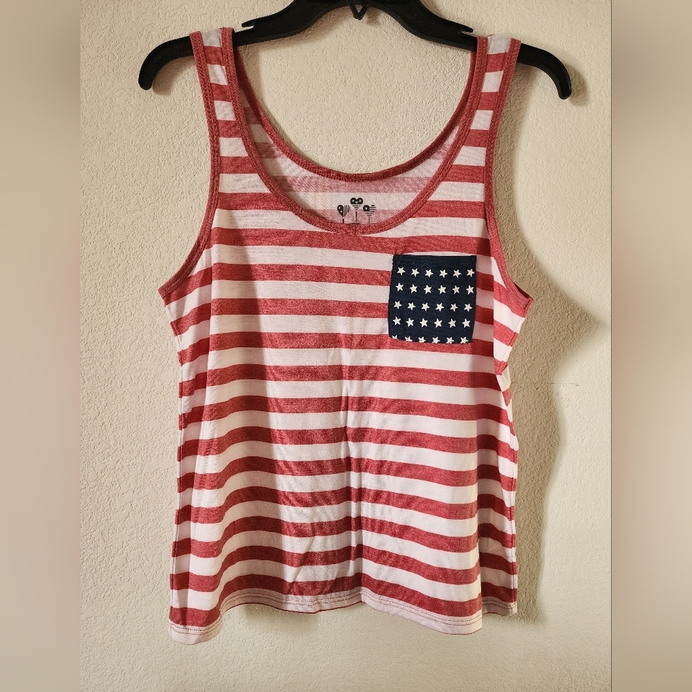 Red and White Striped Tank Top with Star Pocket Size: Large